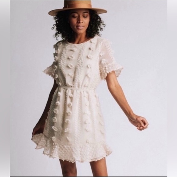 & Mercari size small Pom Pom dress lined off white tie waist - Picture 1 of 5
